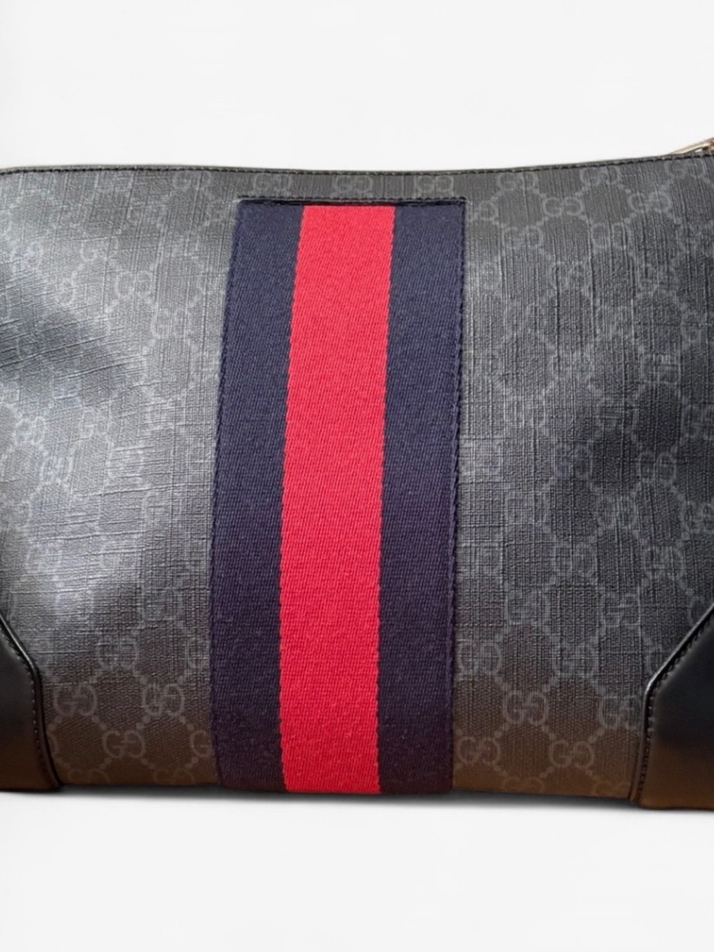 Gucci Supreme Black GG Canvas Clutch with Red and Navy Web Stripe